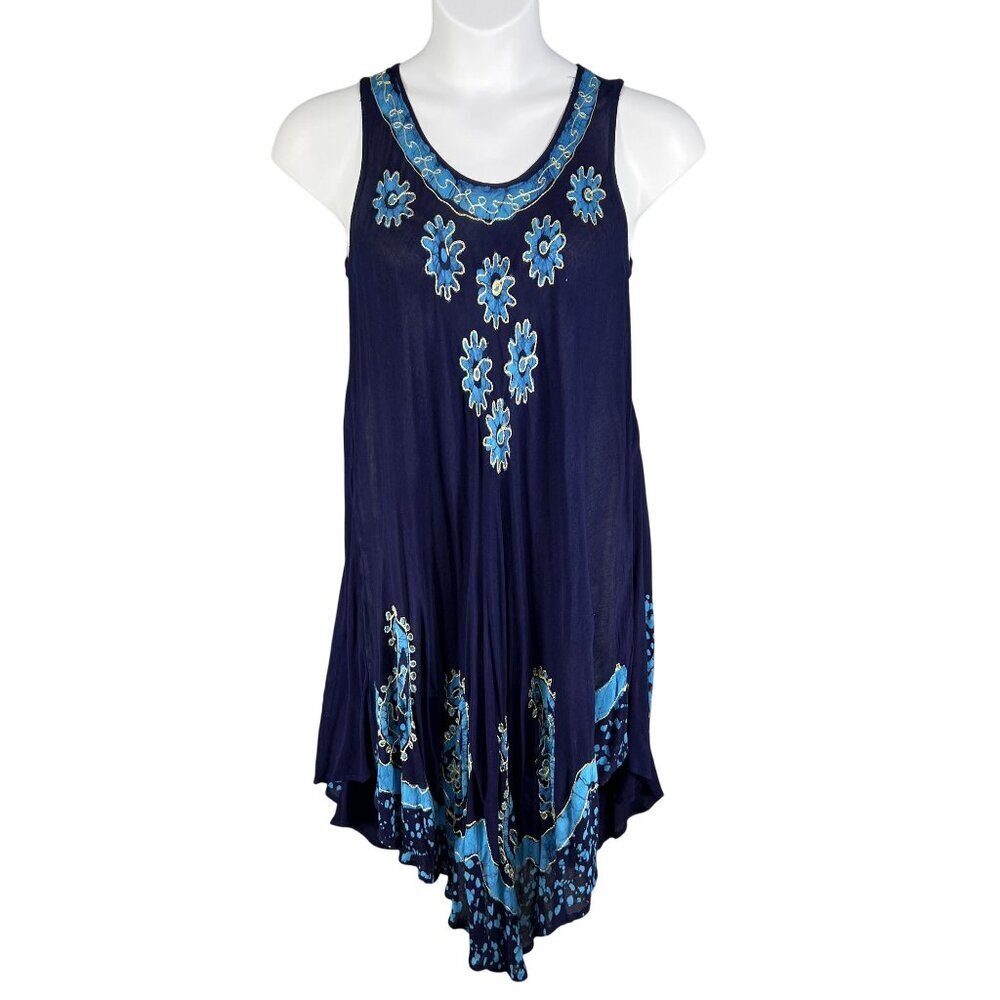Gypsie Blu Boho Womens OSFM Blue Gauze Tank Tunic Dress Floral Handkerchief Hem - Picture 5 of 13